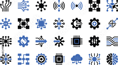 Artificial Intelligence and Digital Technology Icon Set, Neural Network, Machine Learning and Data Processing Symbols.
