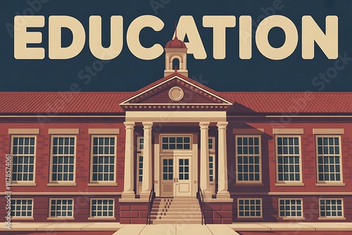 A classic mid-20th-century brick school building façade, a three-story red brick building with symmetrical rows of tall white-framed windows, a large entrance with concrete steps and geometric details