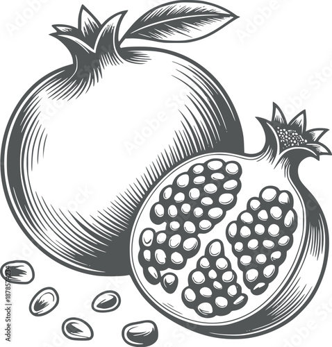 A clean of a pomegranate with seeds and a cut open half fruit black halved