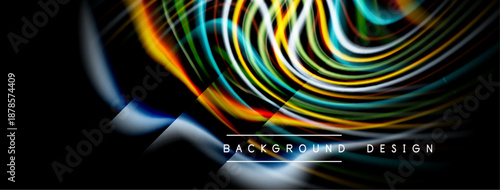 Abstract flowing lines create vibrant energy. Dark background emphasizes bright curves, modern design elements present.