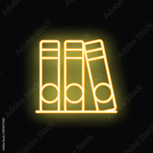 Minimalist neon icon of office files glowing yellow against a dark background