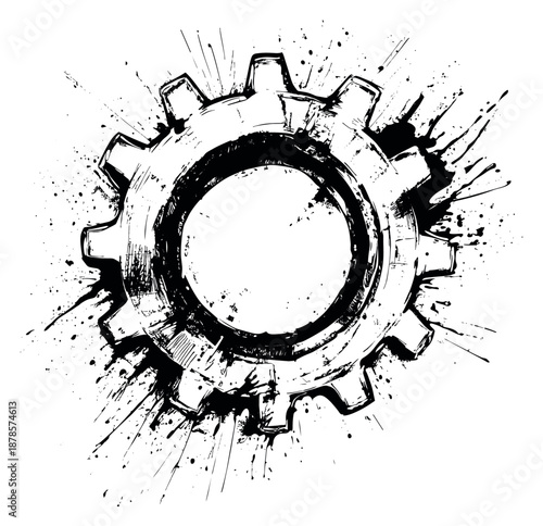 Grunge style illustration of a gear depicting ink splatters for industrial and mechanical design