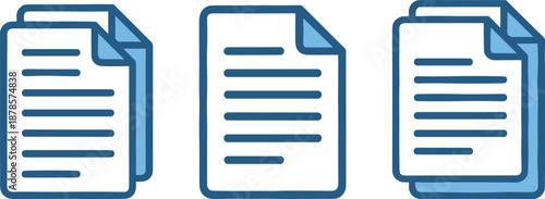 Blue document icon collection, professional paper file symbols, office report graphics, business data information page elements, minimalist document vector illustration.
