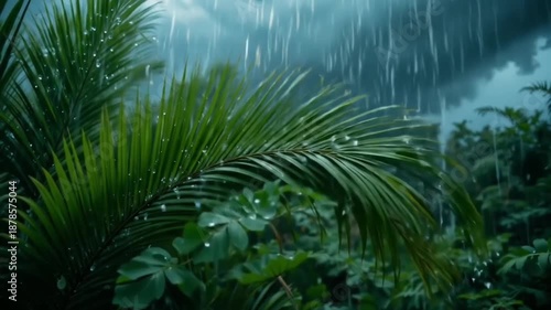 4K Tropical Rain Video: Heavy Downpour on Palm Fronds - Glistening Droplets, Serene Green Nature
