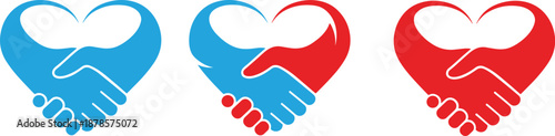 Handshake heart icons, unity and compassion symbols, partnership graphic set, blue red variants, flat vector illustration