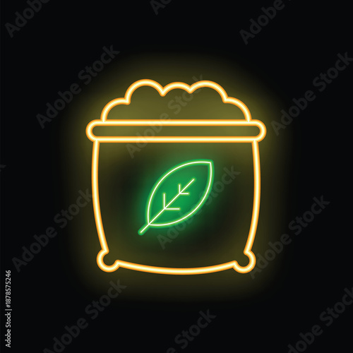 Glowing neon line bag of flour icon isolated on black background, representing natural compost for gardening