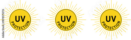 UV protection icon set, sunburst badge, yellow circular label, skincare safety symbol, product packaging layout, flat vector illustration