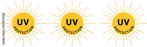 UV protection sun icon set, yellow sunburst badge, safety label for skincare products, flat vector illustration
