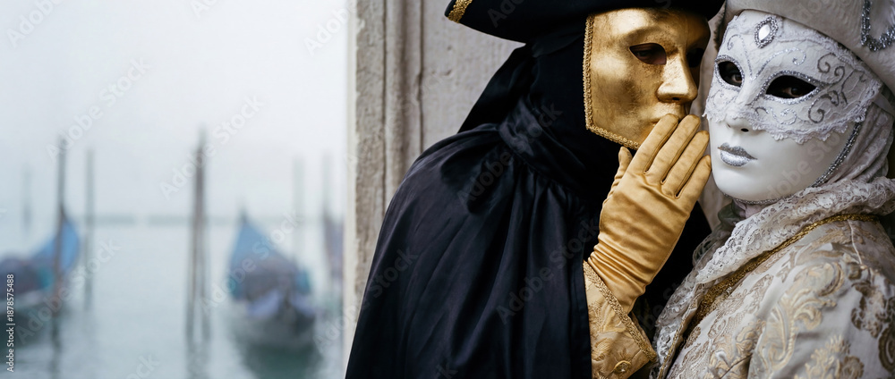 Fototapeta premium Mysterious couple in Venetian carnival masks whispering secrets by a foggy lagoon. Historical gold and white costumes at the Carnival of Venice with gondolas in the background.
