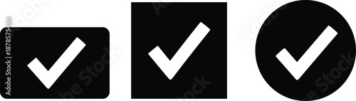 Collection of white check mark icons on black geometric backgrounds, approval tick symbols and validation signs for user interface design.