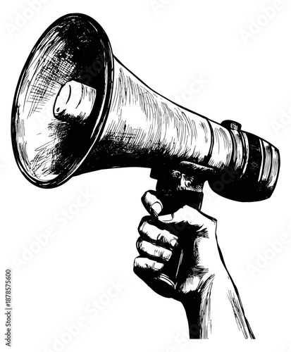 Hand drawn line art illustration of a hand holding a megaphone depicting a public announcement for communication