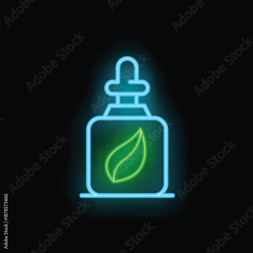 Glowing neon line essential oil bottle with pipette icon isolated on black background. Vector illustration