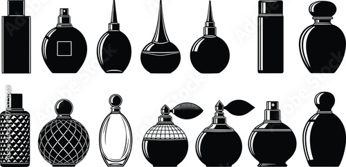 Elegant collection of diverse perfume bottle silhouettes showcasing unique cosmetic packaging design styles for fragrance branding, beauty products, and marketing