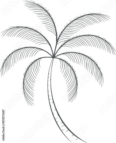 Minimalist black and of a palm tree with curved trunk and detailed fronds