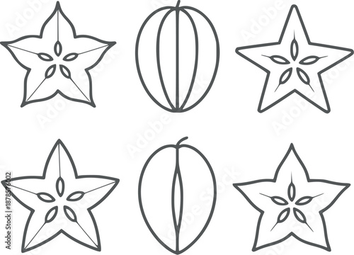 Minimalist of star fruit cross sections and whole star fruit