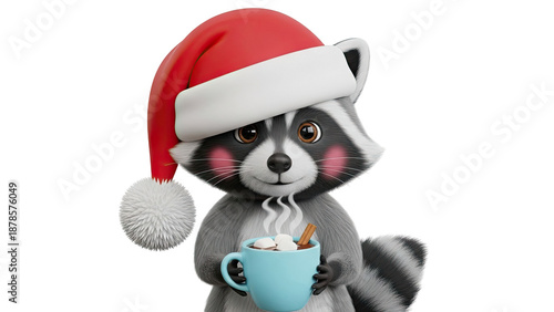 Cute Raccoon in Santa Hat Holding Hot Chocolate with Marshmallows