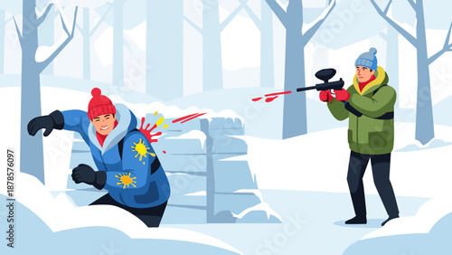 Exciting paintball action close-up in a winter landscape to promote action sports and team building activities