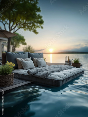Luxurious outdoor bed with pillows by a pool at sunset, surrounded by tropical plants and flowers. Serene ocean view, perfect for relaxation and vacation vibes.