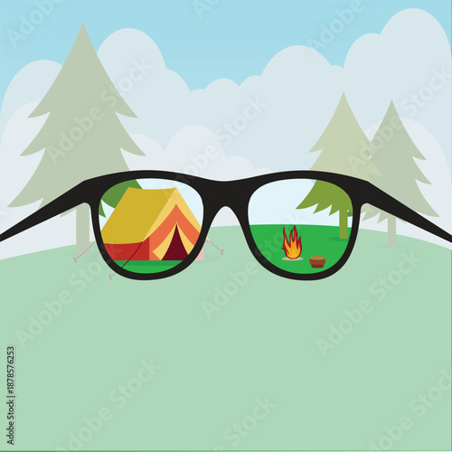 Tent and fire seen clearly through eyeglasses