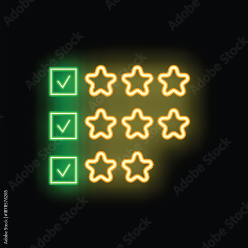 Glowing neon icon of check marks beside rows of five stars, representing customer satisfaction surveys