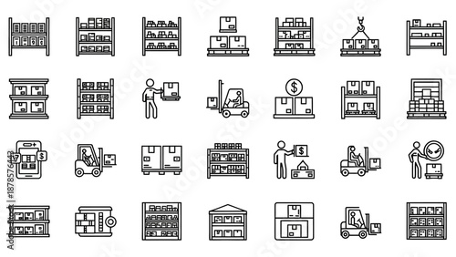 A comprehensive set of line icons depicting various aspects of warehouse operations, logistics, and inventory management, including shelving, forklifts, and package handling.