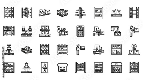 A comprehensive set of line icons depicting warehouse operations, logistics, and retail inventory management.
