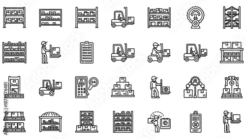 A comprehensive set of line icons depicting various aspects of warehouse operations, logistics, inventory management, and storage solutions.