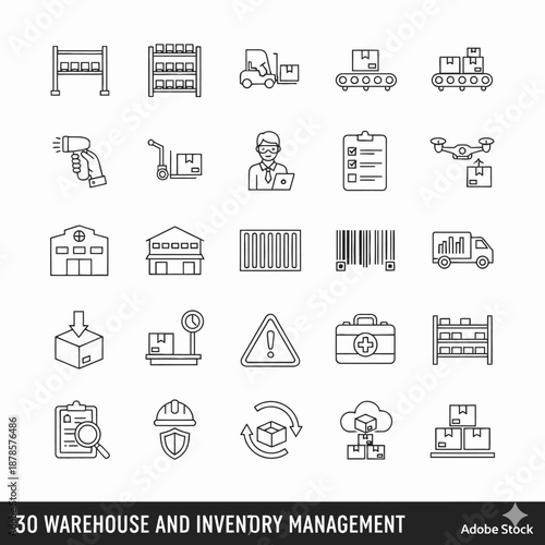A comprehensive set of 30 line icons illustrating various aspects of warehouse and inventory management, including logistics, storage, delivery, and safety.