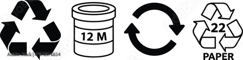 Recycling and Packaging Symbols Icons Set Including Recycle Arrows, Open Jar Period, Circular Refresh, and Paper Recycling Mark Vector Illustration