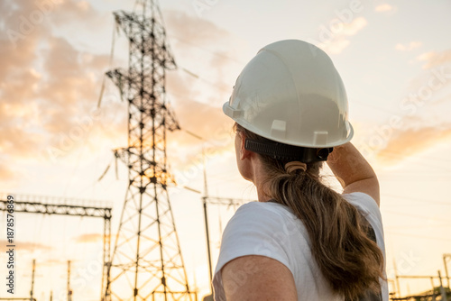 Worker looks at power lines and tower during sunset in electric plant with safety gear on