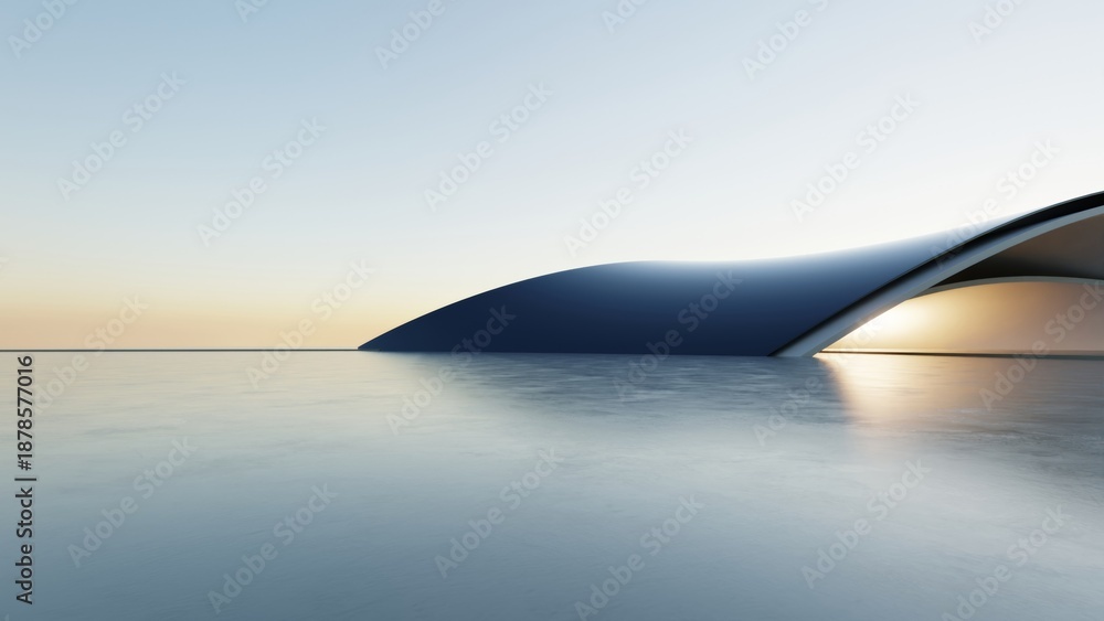 Naklejka premium Abstract curved architecture background, Exterior space with empty concrete floor, Futuristic modern building for car presentation backdrop, 3d rendering