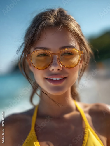 Young woman in sunglasses smiling on a sunny beach. Ocean and sky in the background, summer vibe and relaxed mood.