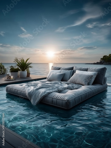 Luxurious outdoor bed with pillows by a pool at sunset, surrounded by tropical plants and flowers. Serene ocean view, perfect for relaxation and vacation vibes.