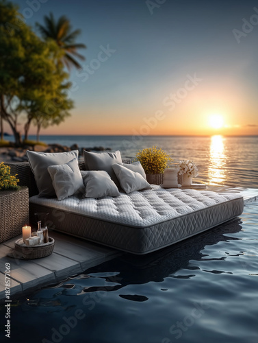 Luxurious outdoor bed with pillows by a pool at sunset, surrounded by tropical plants and flowers. Serene ocean view, perfect for relaxation and vacation vibes.