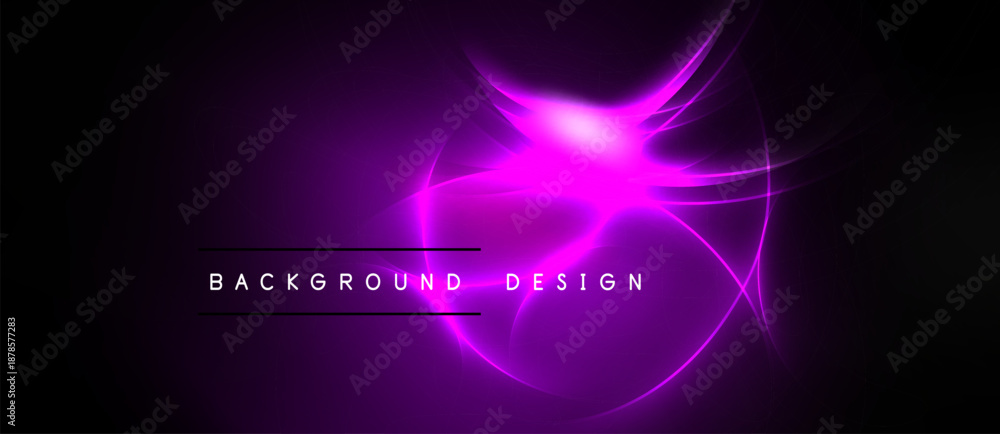 Fototapeta premium Bright purple abstract design. Glowing lines radiate from central point against dark backdrop. Text reads background design.