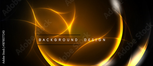 Abstract golden lines form dynamic curves, glowing against dark backdrop. Central text reads background design. Elegant, modern visual.
