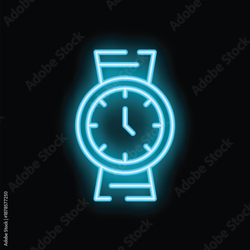Blue neon sign of a wrist watch glowing on black background