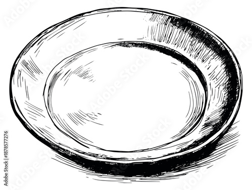 Hand drawn line art illustration of a plate depicting an empty dinnerware item for dining and kitchen concepts