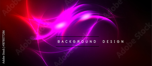 Abstract vibrant design features flowing pink, red light streaks. Dark background enhances luminosity, creating dynamic visual effect.