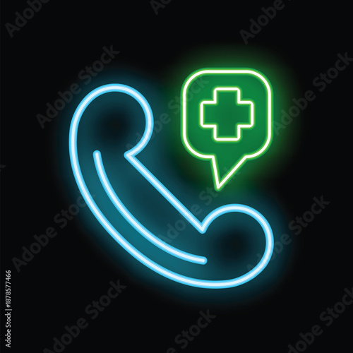 Glowing blue neon icon of a phone with a green speech bubble containing a medical cross, representing telemedicine