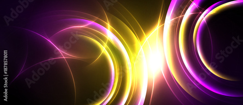 Abstract vibrant energy flows. Purple, yellow hues dominate dark background. Circular shapes create dynamic visual effect.
