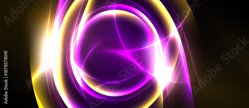 Bright abstract swirls, purple, gold, white. Energy radiates from central point, dynamic composition, modern design.