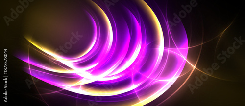 Abstract light curves radiate, blending purple, gold hues. Dynamic energy flows across dark background creating vibrant visual impact.
