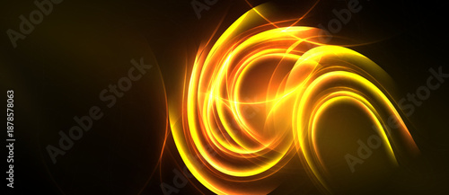 Bright swirling energy forms abstract design. Golden hues dominate dark background, creating dynamic visual effect.