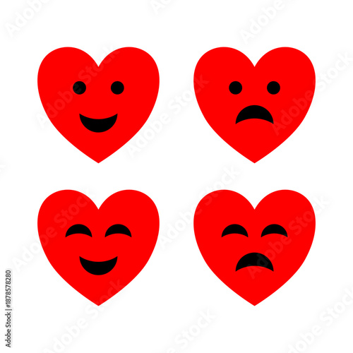 Set of funny cartoon red hearts with cute smile faces as vector illustration symbols for Valentine's Day romance and holiday card design