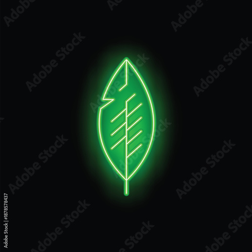 Green neon sign shaped like a leaf glowing brightly on a black background