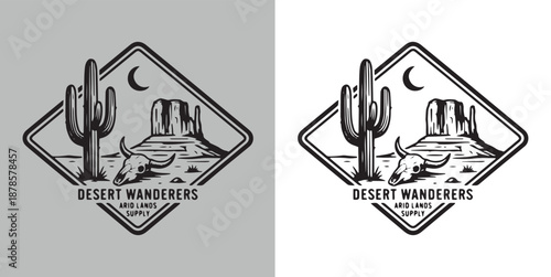 Desert Wanderers Arid Lands Supply Logo with Cactus, Cow Skull, and Monument Valley Butte Landscape