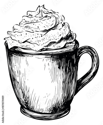 Hand drawn line art illustration of a mug with whipped cream depicting a sweet treat for cafe designs