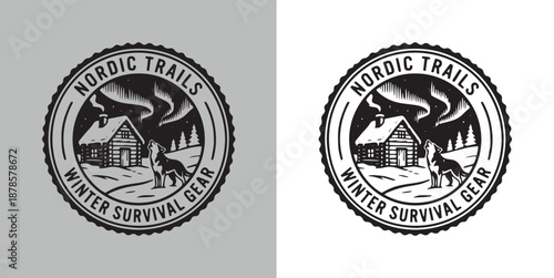 Vintage Nordic Trails Winter Survival Gear Logo Design featuring Cabin, Howling Wolf, and Northern Lights Aurora Borealis
