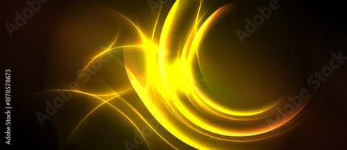 Bright yellow energy flows, curves radiate from central point. Dark background emphasizes glowing lines, creating dynamic visual effect.